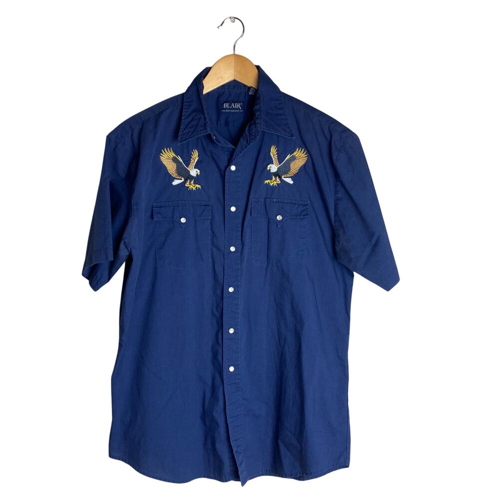 Vintage Men's Pearl Snap Western Eagles Blue Short Sleeve Button Up Medium Blair